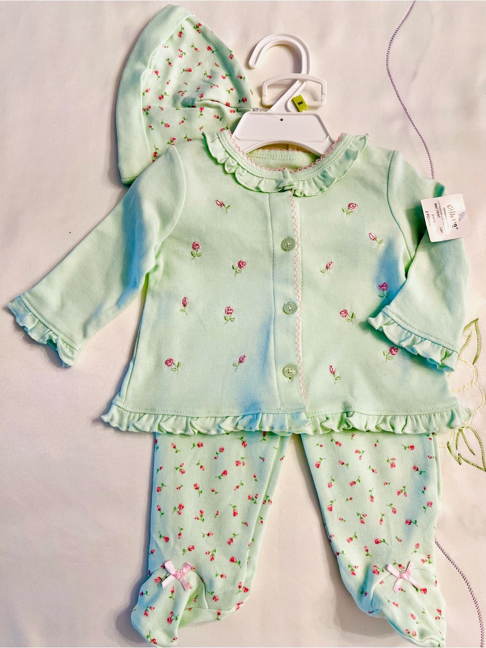 Little Me Mint Green Floral Pajama Set with Hat